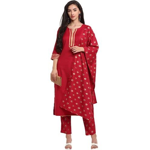 ANNI DESIGNER Women's Cotton Kurta with Pant & Dupatta (GOURI RED X-Large)