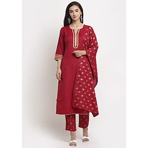 ANNI DESIGNER Women's Cotton Kurta with Pant & Dupatta (GOURI RED X-Large)