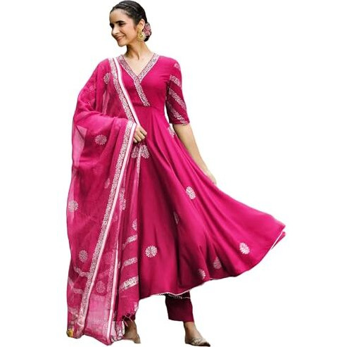 ANNI DESIGNER Women's Rayon Blend Anarkali Printed Kurta with Pant & Dupatta (Berlin PINK-VKS01_XL_Pink_X-Large)