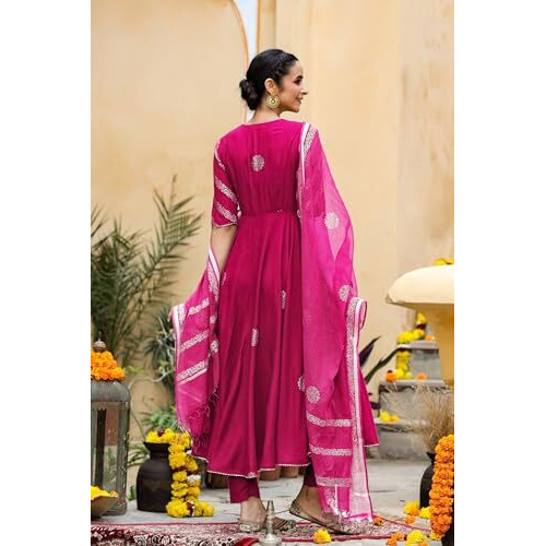 ANNI DESIGNER Women's Rayon Blend Anarkali Printed Kurta with Pant & Dupatta (Berlin PINK-VKS01_XL_Pink_X-Large)