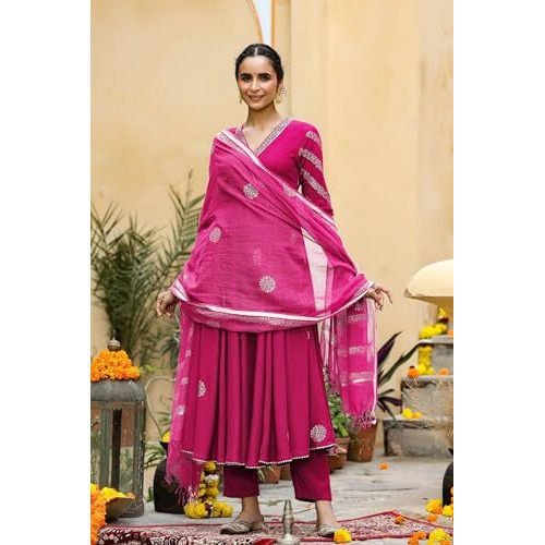 ANNI DESIGNER Women's Rayon Blend Anarkali Printed Kurta with Pant & Dupatta (Berlin PINK-VKS01_XL_Pink_X-Large)