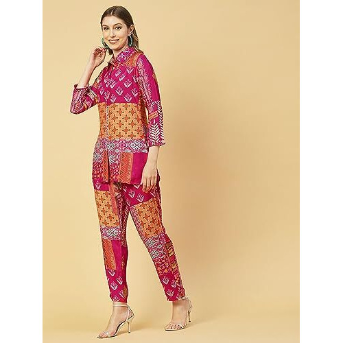 ANNI DESIGNER Women's Cotton Blend Straight Floral Printed Co-Ord Set (ABC Cod Pink_S_Pink_Small)