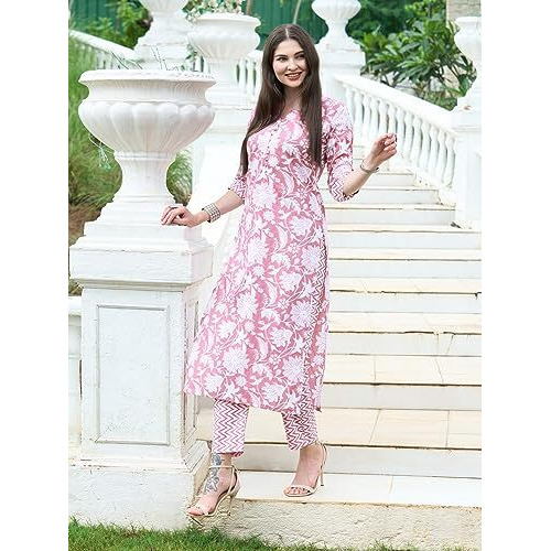 ANNI DESIGNER Women's Cotton Blend Straight Printed Kurta with Pant Set (Mansrover-Multi_M_Multi_Medium) Multicolour