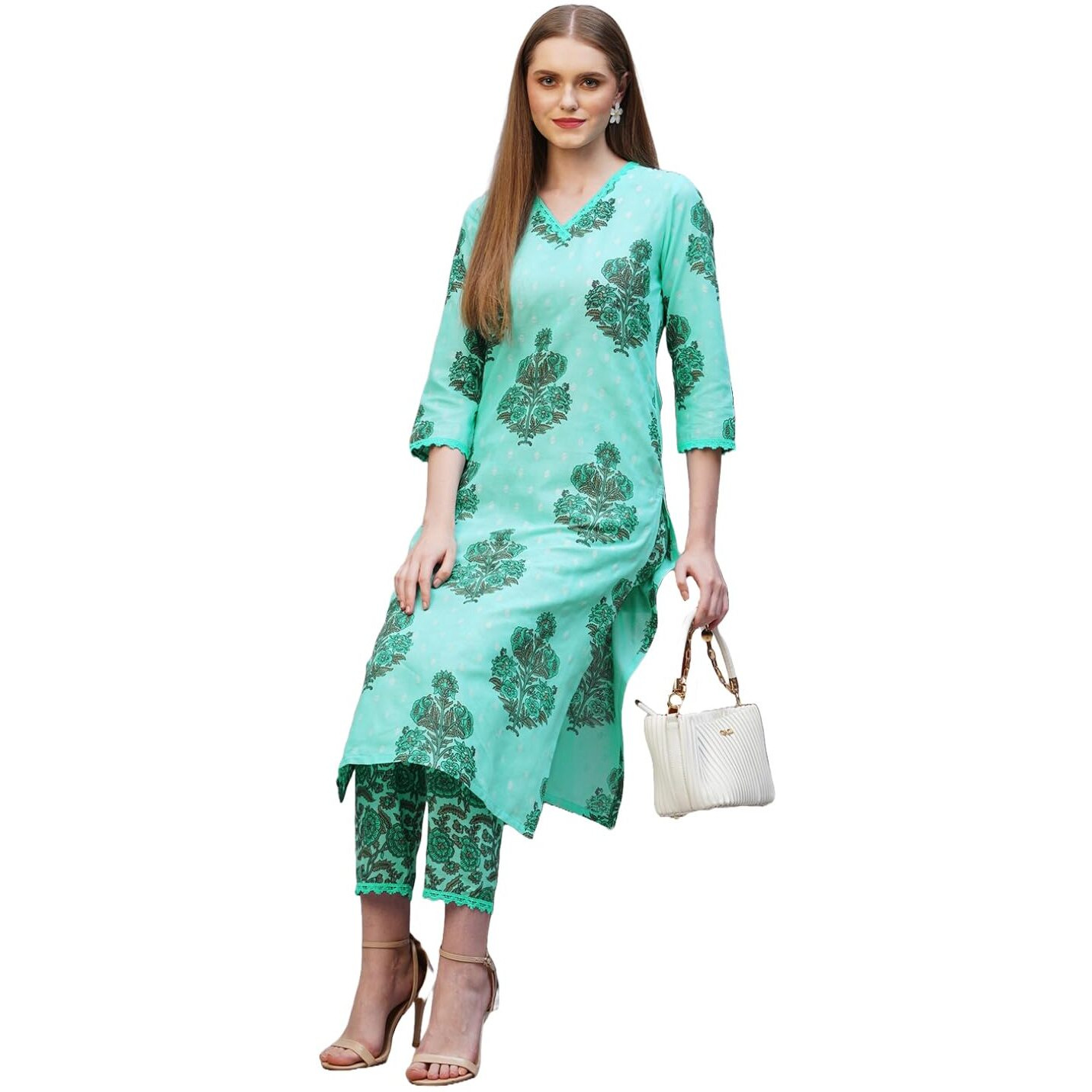ANNI DESIGNER Women's Rayon Blend Straight Printed Kurta & Pant (Cheer Green_S_Green_Small)