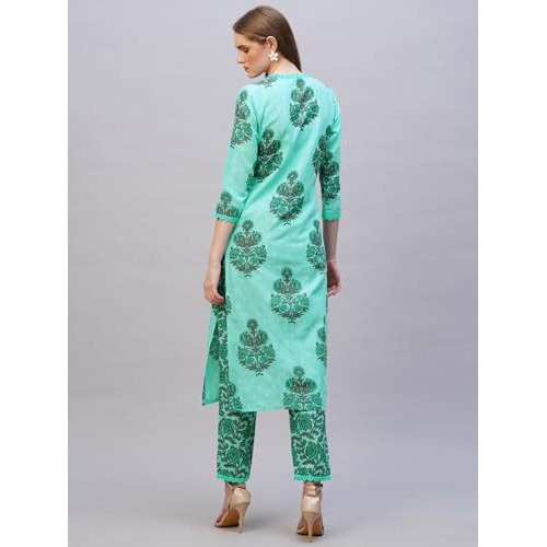 ANNI DESIGNER Women's Rayon Blend Straight Printed Kurta & Pant (Cheer Green_S_Green_Small)