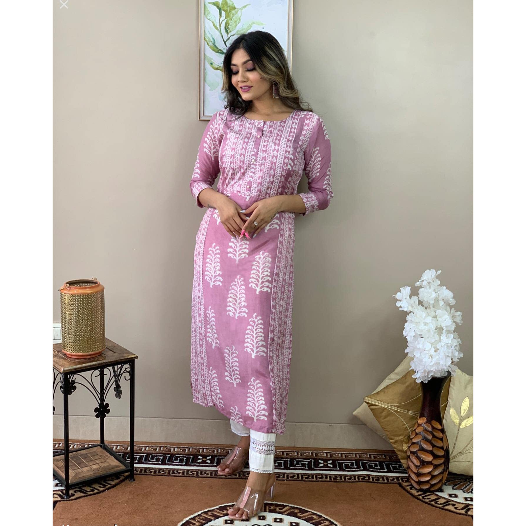 ANNI DESIGNER Women's Cotton Blend Printed Straight Kurta with Pant (Oni101 White_L_Pink_Large)