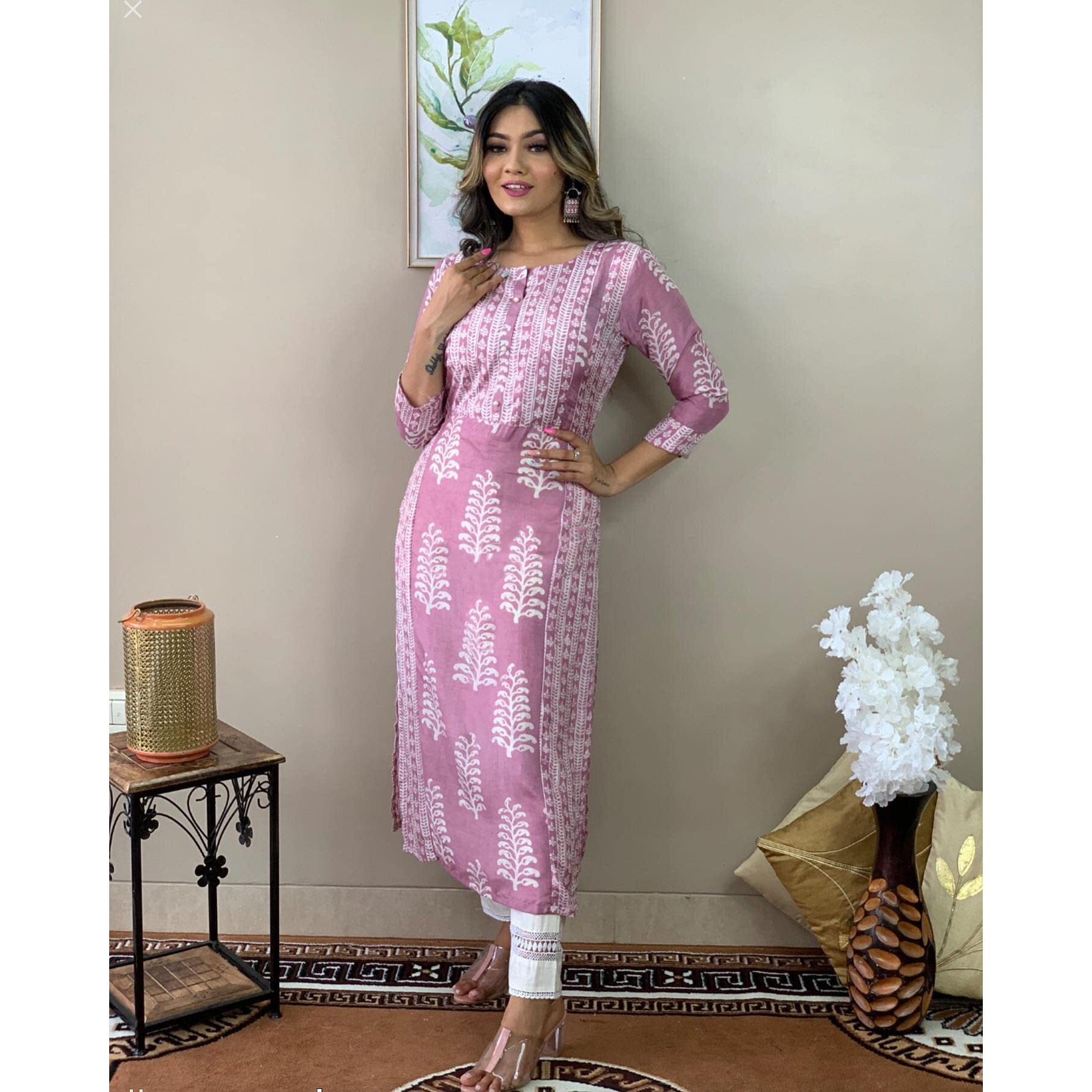 ANNI DESIGNER Women's Cotton Blend Printed Straight Kurta with Pant (Oni101 White_L_Pink_Large)