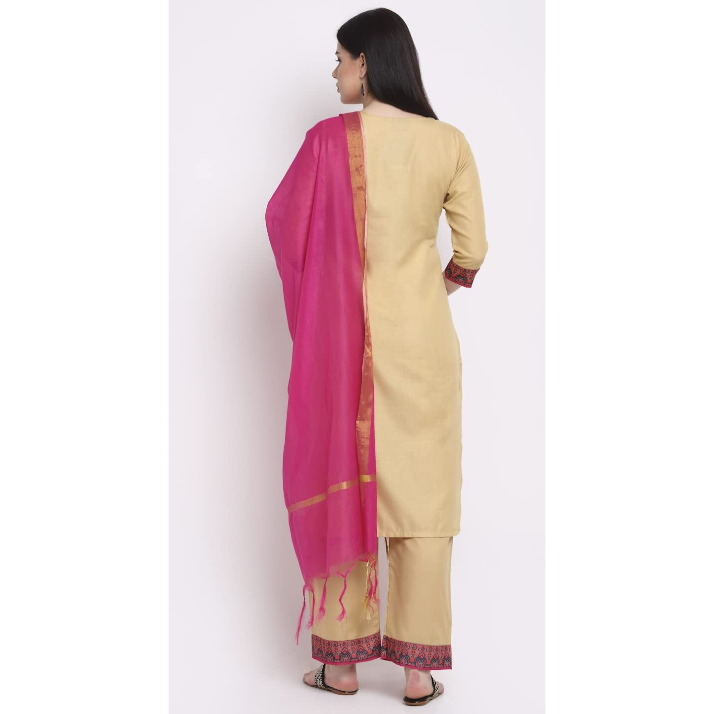 ANNI DESIGNER Women's Cotton Straight Kurta with Palazzo & Dupatta (KPZD-COT-10012-BEIGE_S_Beige_Small)