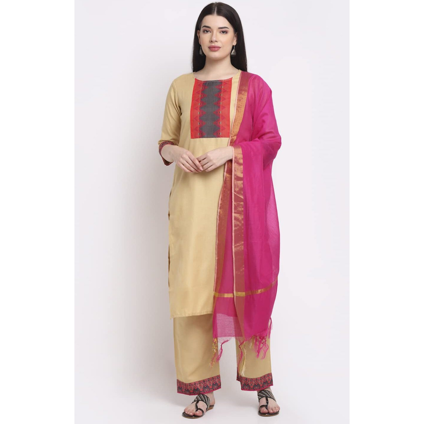 ANNI DESIGNER Women's Cotton Straight Kurta with Palazzo & Dupatta (KPZD-COT-10012-BEIGE_S_Beige_Small)