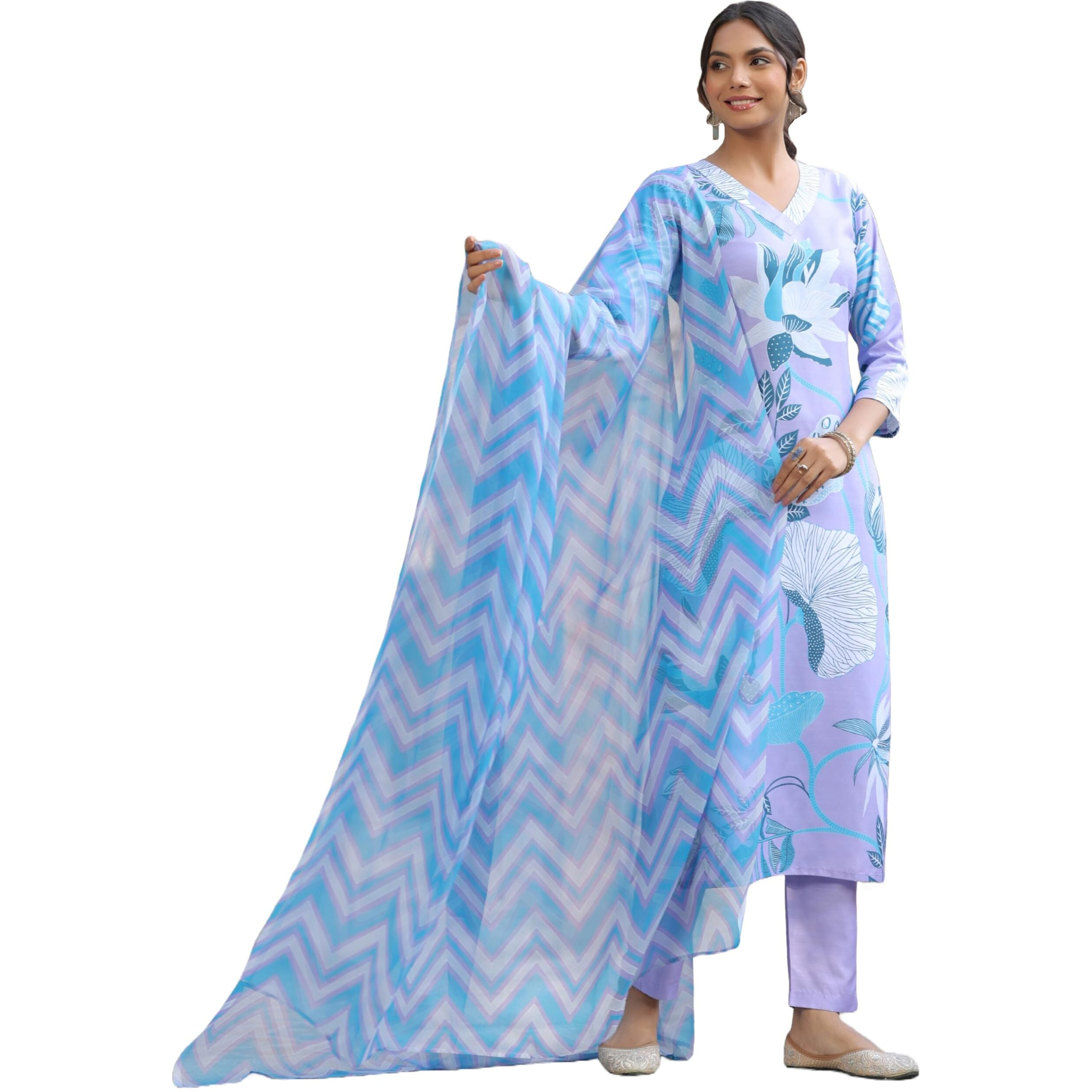 ANNI DESIGNER Women's Cotton Blend Straight Printed Kurta with Pant & Dupatta (Sohini Purple_S_Purple_Small)