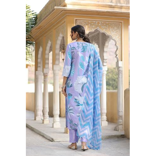 ANNI DESIGNER Women's Cotton Blend Straight Printed Kurta with Pant & Dupatta (Sohini Purple_S_Purple_Small)