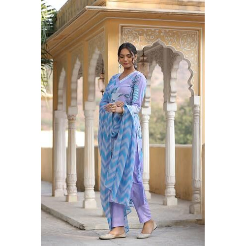 ANNI DESIGNER Women's Cotton Blend Straight Printed Kurta with Pant & Dupatta (Sohini Purple_S_Purple_Small)
