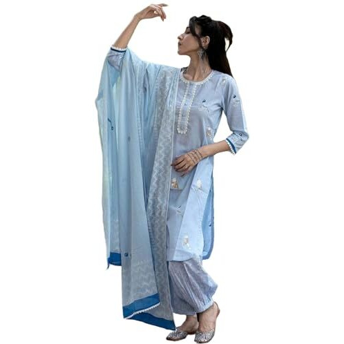 ANNI DESIGNER Women's Rayon Blend Hand Block Printed Straight Kurta with Pant & Dupatta (RAGSRI ICE Blue_M_Blue_Medium)