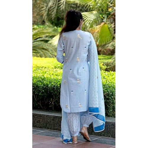 ANNI DESIGNER Women's Rayon Blend Hand Block Printed Straight Kurta with Pant & Dupatta (RAGSRI ICE Blue_M_Blue_Medium)
