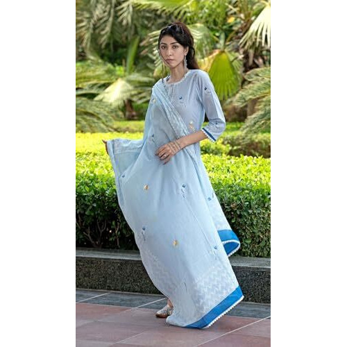 ANNI DESIGNER Women's Rayon Blend Hand Block Printed Straight Kurta with Pant & Dupatta (RAGSRI ICE Blue_M_Blue_Medium)