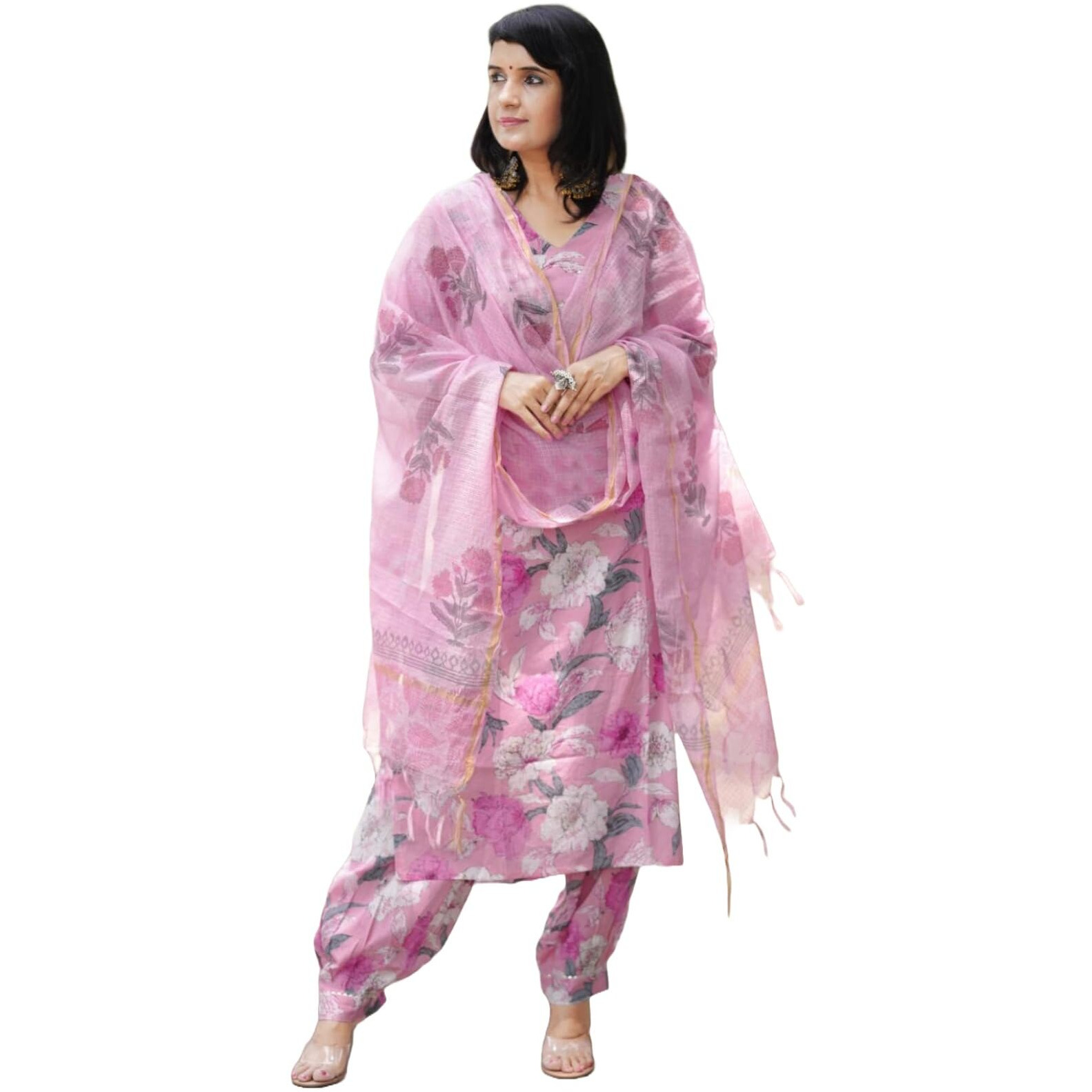 ANNI DESIGNER Women's Rayon Blend Straight Printed Kurta with Pant & Dupatta (Suragini Pink_S_Pink_Small)
