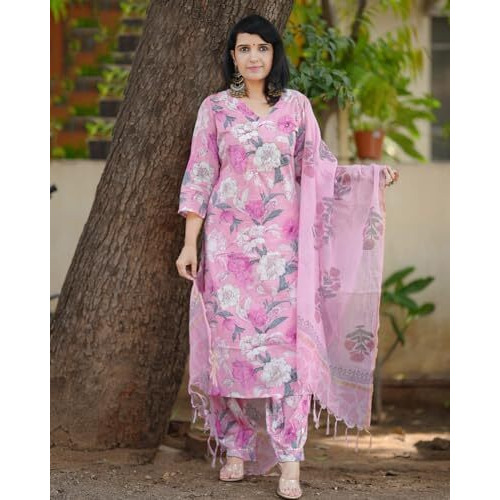 ANNI DESIGNER Women's Rayon Blend Straight Printed Kurta with Pant & Dupatta (Suragini Pink_S_Pink_Small)