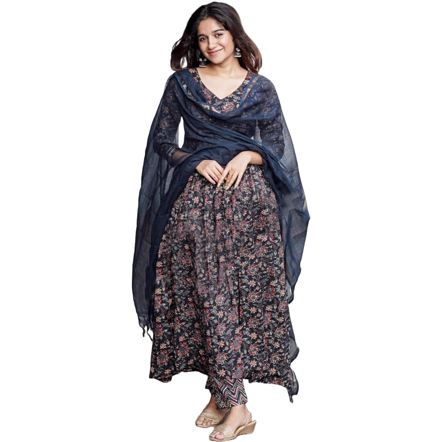 ANNI DESIGNER Women's Rayon Blend Anarkali Printed Kurta with Pant & Dupatta (Tugunta Blue_XXL_Blue_XX-Large)