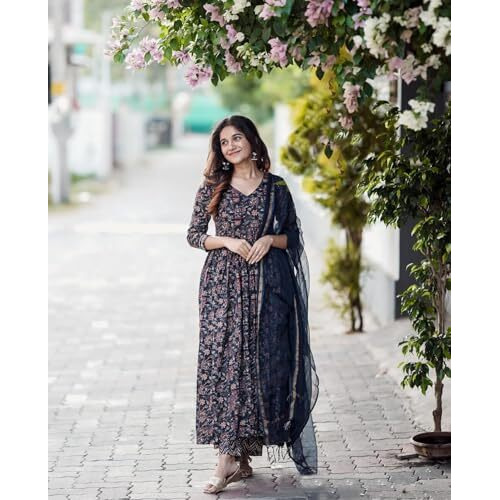 ANNI DESIGNER Women's Rayon Blend Anarkali Printed Kurta with Pant & Dupatta (Tugunta Blue_XXL_Blue_XX-Large)