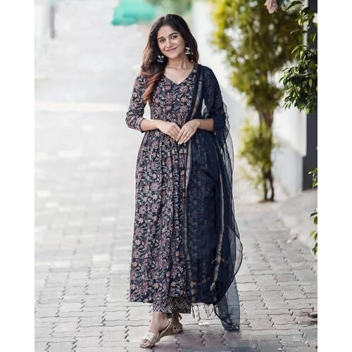 ANNI DESIGNER Women's Rayon Blend Anarkali Printed Kurta with Pant & Dupatta (Tugunta Blue_XXL_Blue_XX-Large)