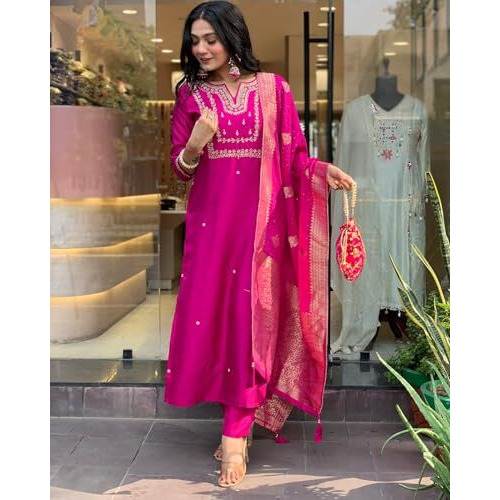 ANNI DESIGNER Women's Rayon Blend Straight Embroidered Kurta with Pant & Dupatta (Kosapet Pink_M_Pink_Medium)