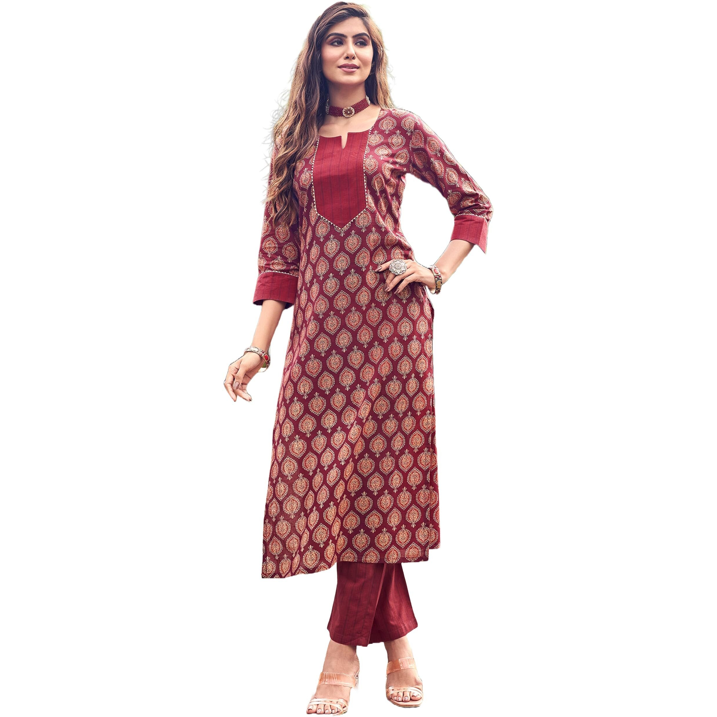ANNI DESIGNER Women's Cotton Blend Straight Printed Kurta with Pant Set (Garima Maroon-VGT_M_Maroon_Medium)
