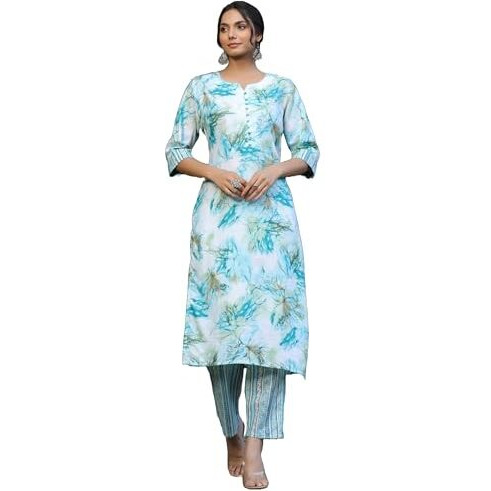 ANNI DESIGNER Women's Cotton Blend Straight Printed Kurta with Pant (PS-RAMA-Blue-BFV_XL_Blue_X-Large)