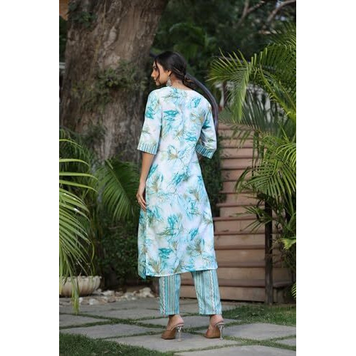 ANNI DESIGNER Women's Cotton Blend Straight Printed Kurta with Pant (PS-RAMA-Blue-BFV_XL_Blue_X-Large)