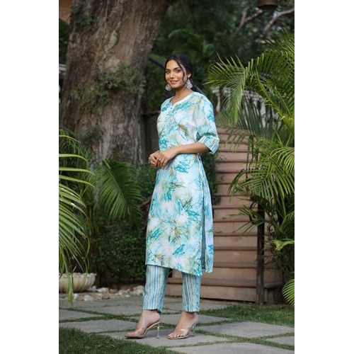 ANNI DESIGNER Women's Cotton Blend Straight Printed Kurta with Pant (PS-RAMA-Blue-BFV_XL_Blue_X-Large)