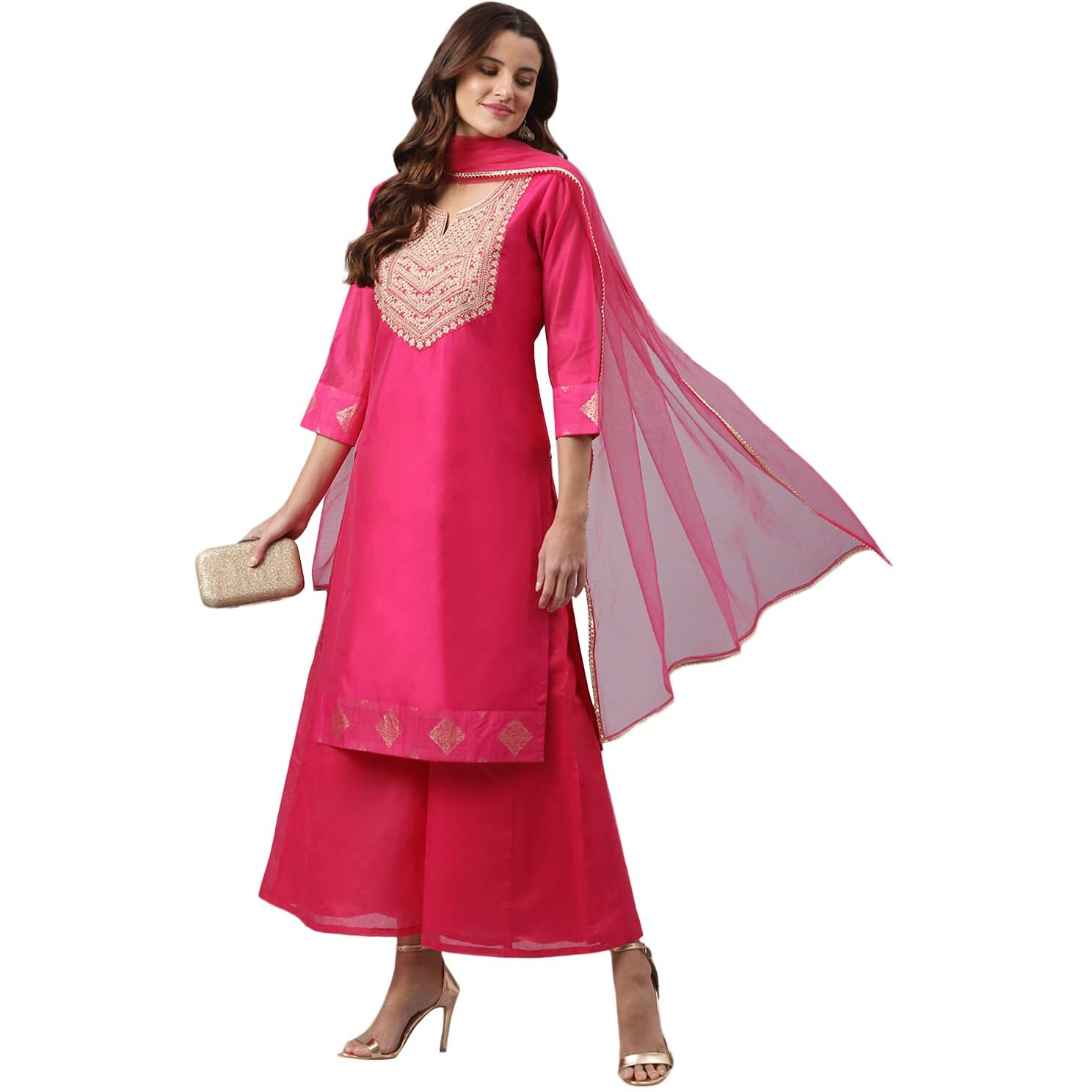 ANNI DESIGNER Women's Cotton Blend Straight Solid Kurta with Palazzo & Dupatta (with Rani_XXL_Rani_XX-Large)