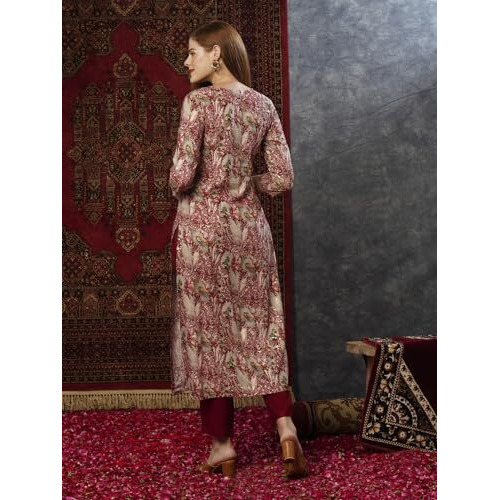 ANNI DESIGNER Women's Cotton Blend Straight Printed Kurta with Pant (Rajrita Maroon-NW_M_Maroon_Medium)