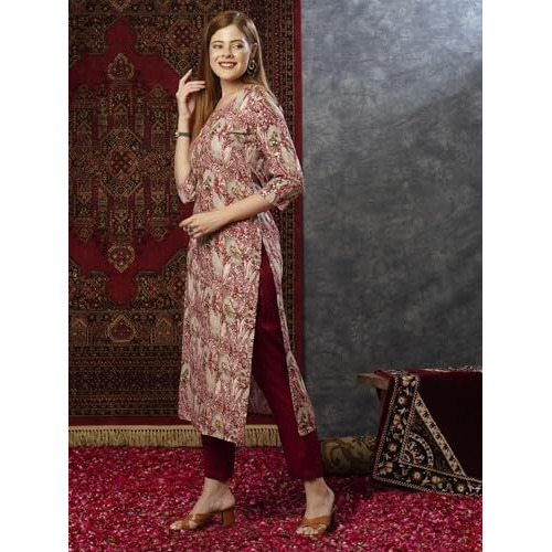 ANNI DESIGNER Women's Cotton Blend Straight Printed Kurta with Pant (Rajrita Maroon-NW_M_Maroon_Medium)