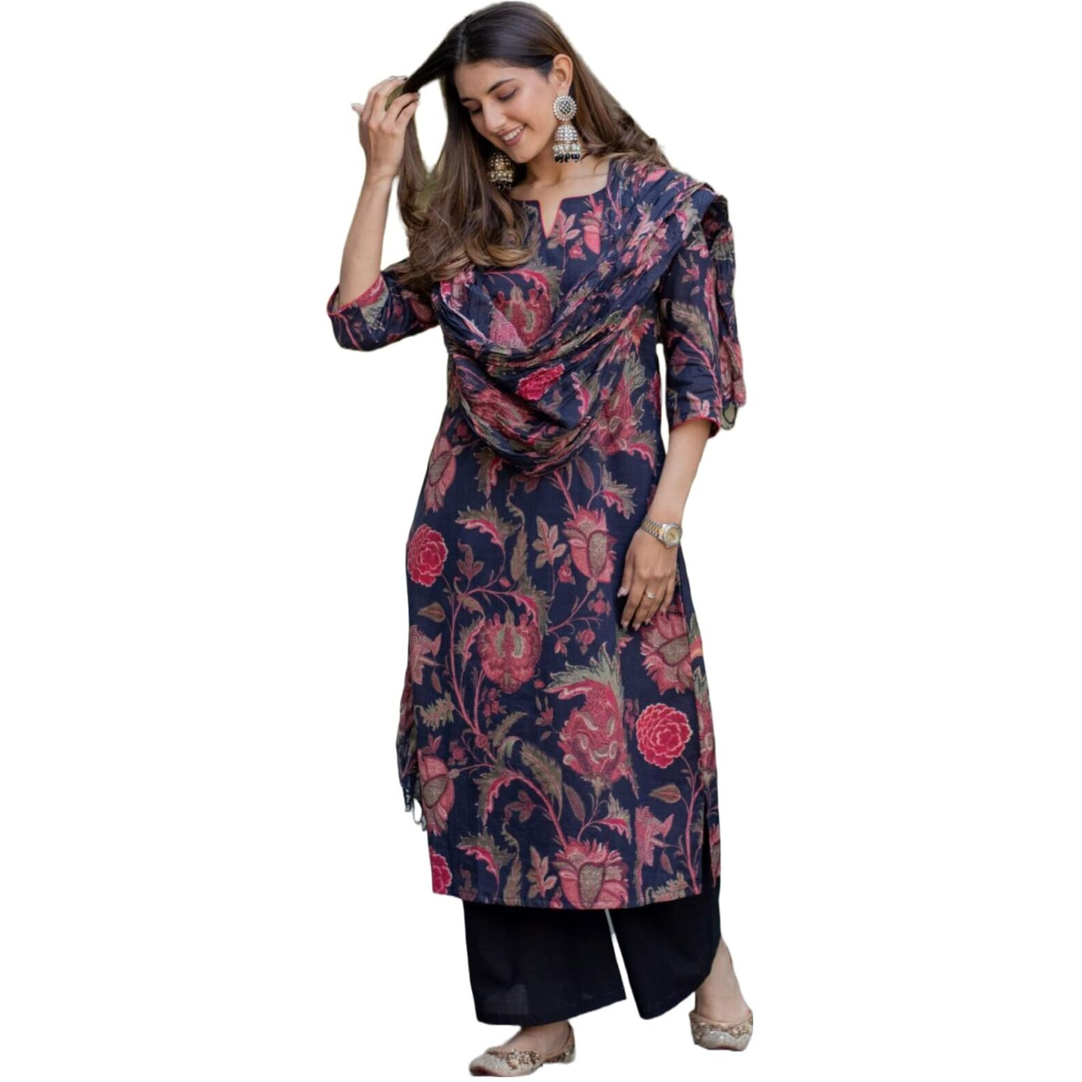 ANNI DESIGNER Women's Cotton Blend Floral Printed Straight Kurta with Palazzos & Dupatta (JAPA-Blue_S_Blue_Small)