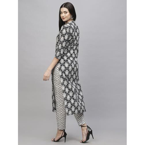 ANNI DESIGNER Women's Cotton Blend Straight Printed Kurta with Pant (Babita Black_M_Black_Medium)