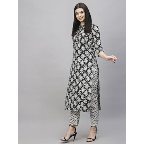 ANNI DESIGNER Women's Cotton Blend Straight Printed Kurta with Pant (Babita Black_M_Black_Medium)