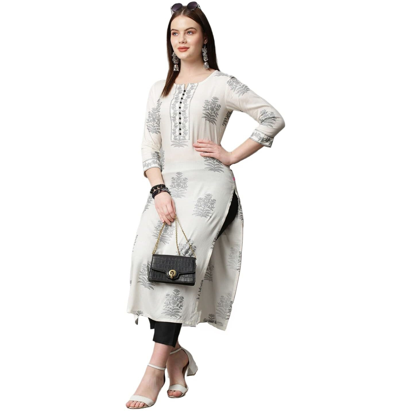 ANNI DESIGNER Women's Cotton Blend Traditional Straight Printed Kurta and Pant Set (12 AMD White_S_White_Small)