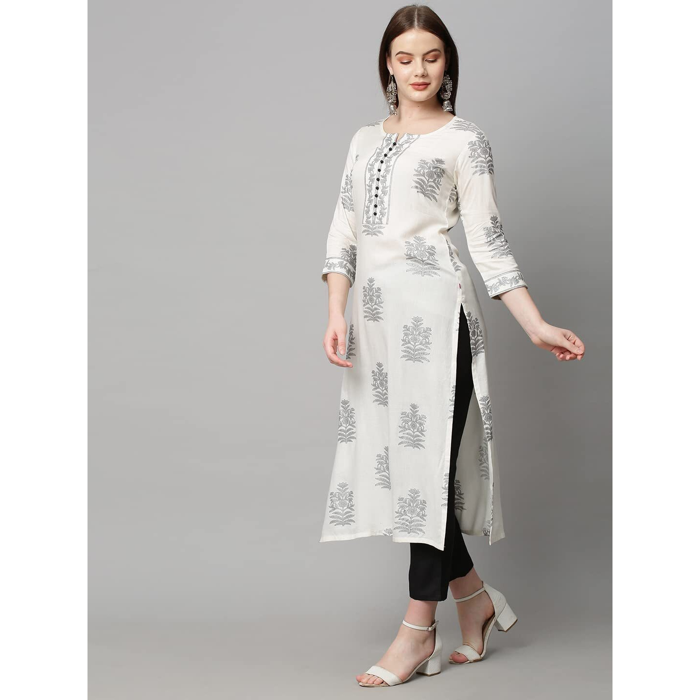 ANNI DESIGNER Women's Cotton Blend Traditional Straight Printed Kurta and Pant Set (12 AMD White_S_White_Small)