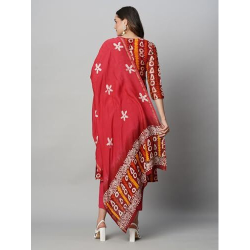 ANNI DESIGNER Women's Cotton Blend Straight Printed Kurta with Pant & Dupatta (Juraho Maroon_XXL_Maroon_XX-Large)