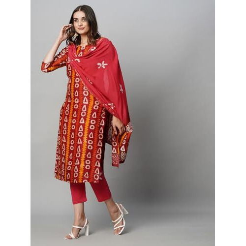 ANNI DESIGNER Women's Cotton Blend Straight Printed Kurta with Pant & Dupatta (Juraho Maroon_XXL_Maroon_XX-Large)