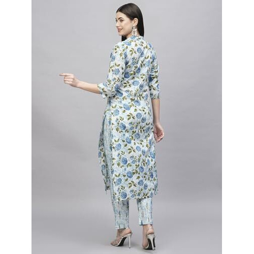 ANNI DESIGNER Women's Cotton Blend Straight Printed Kurta with Pant (Dafiya Blue_M_Blue_Medium)