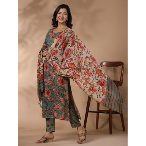 ANNI DESIGNER Women's Rayon Blend Printed Straight Kurta with Pant & Dupatta (FTA Green-NB_XL_Green_X-Large)