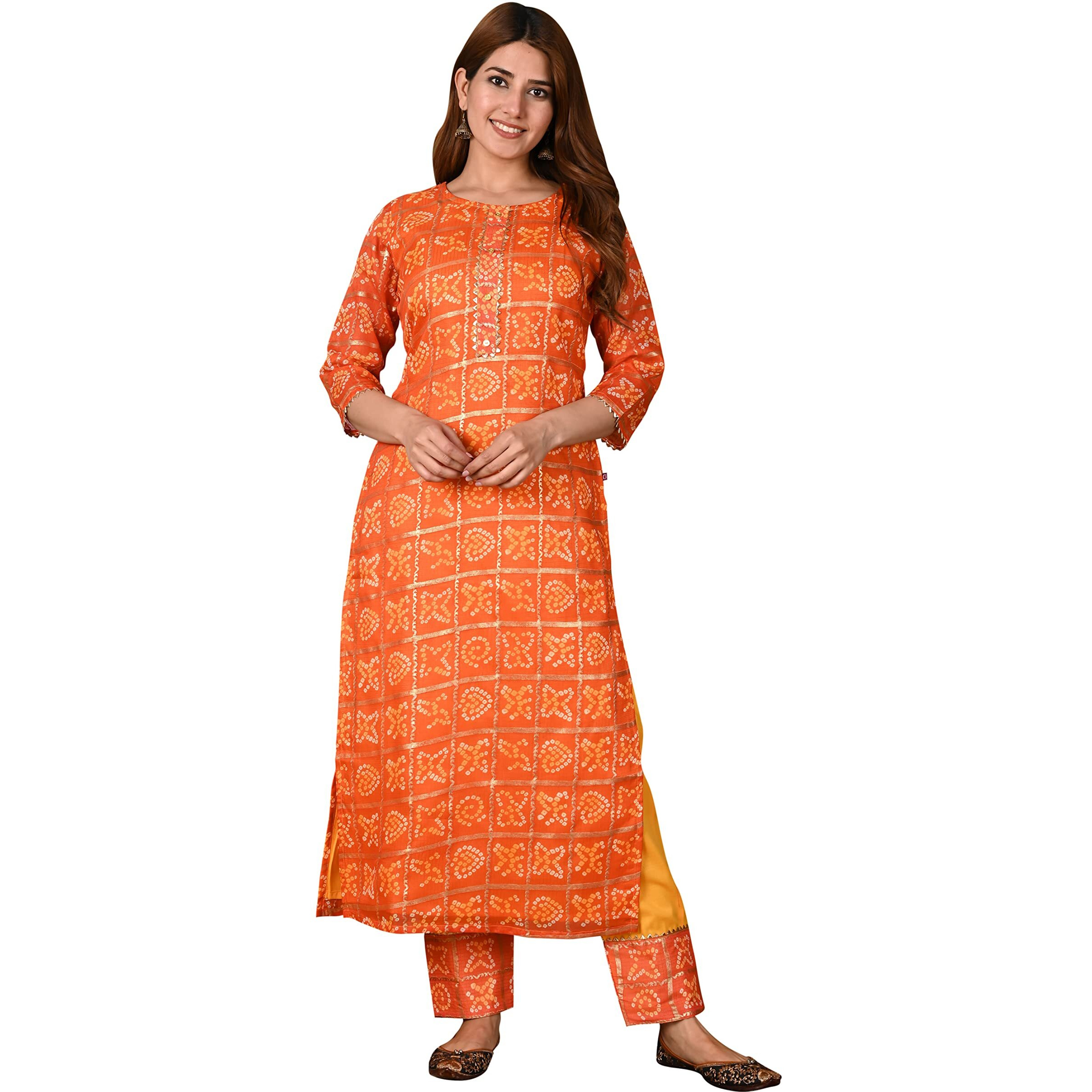 ANNI DESIGNER Women's Cotton Blend Straight Printed Kurta with Pant (Forum-Orange_M Orange_Medium)