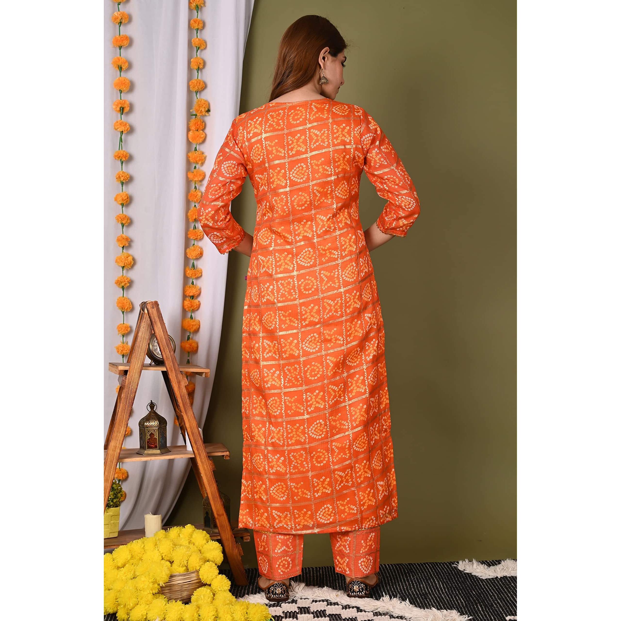 ANNI DESIGNER Women's Cotton Blend Straight Printed Kurta with Pant (Forum-Orange_M Orange_Medium)