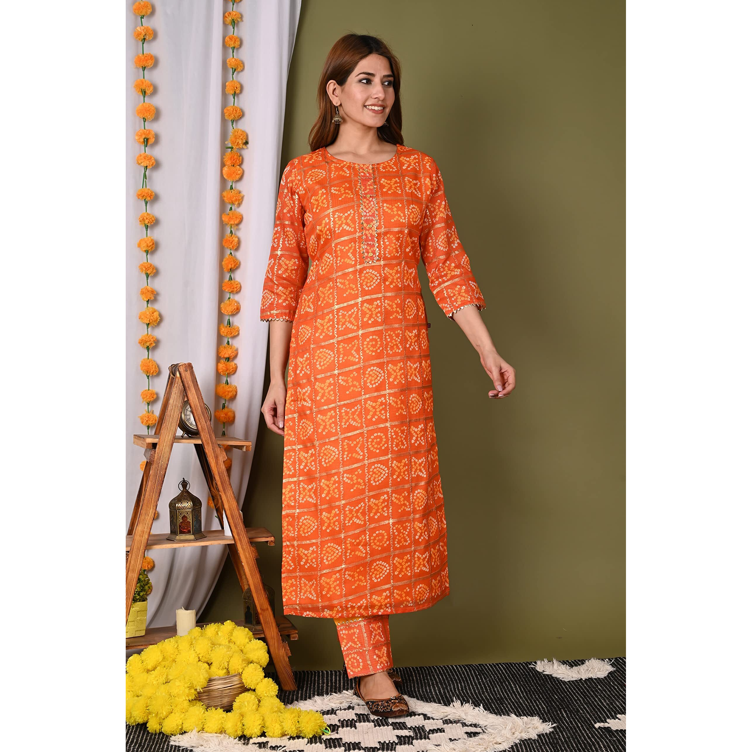 ANNI DESIGNER Women's Cotton Blend Straight Printed Kurta with Pant (Forum-Orange_M Orange_Medium)