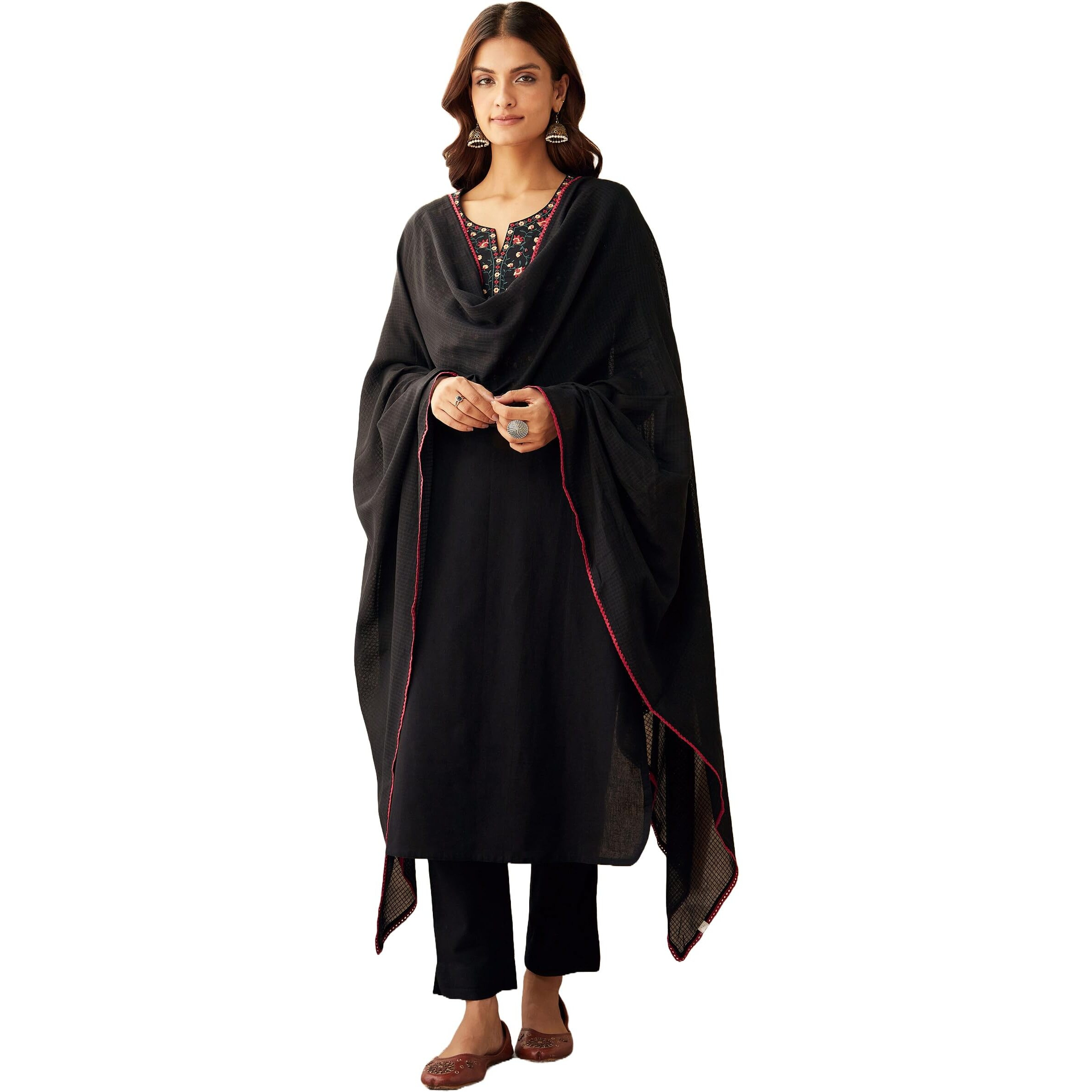 ANNI DESIGNER Women's Rayon Blend Embroidered Straight Kurta with Pant & Dupatta (SIKHA Black_L_Black_Large)