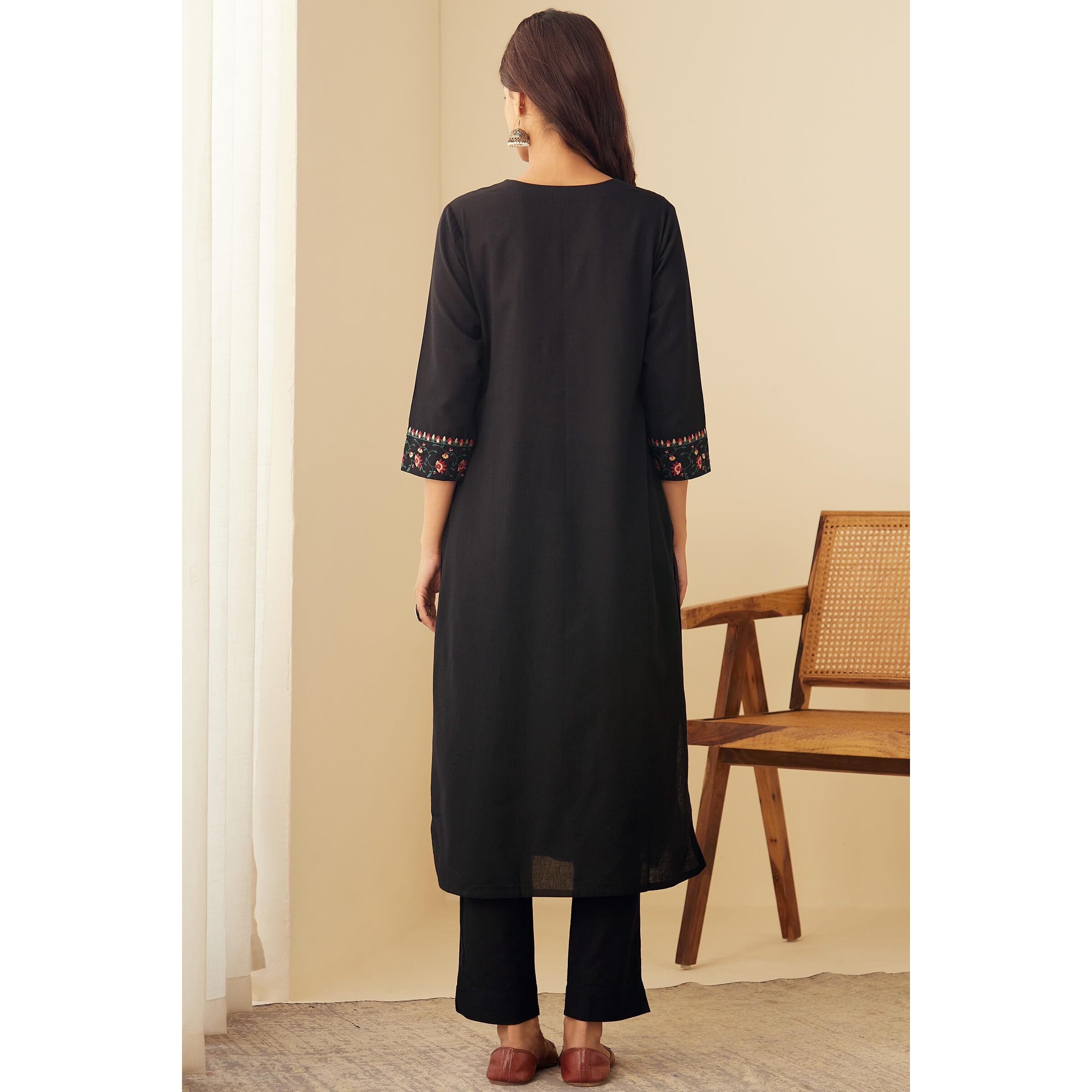 ANNI DESIGNER Women's Rayon Blend Embroidered Straight Kurta with Pant & Dupatta (SIKHA Black_L_Black_Large)