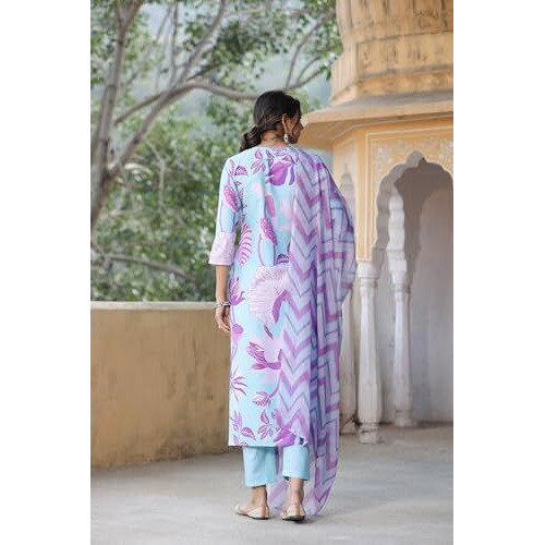 ANNI DESIGNER Women's Cotton Blend Straight Printed Kurta with Pant & Dupatta (Sohini Sky Blue_S_Sky Blue_Small)