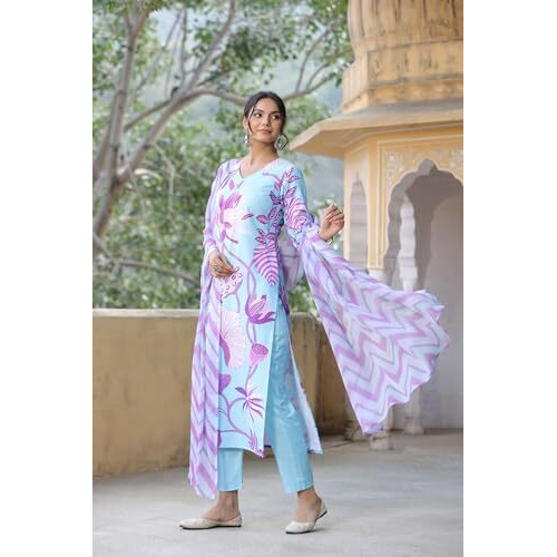 ANNI DESIGNER Women's Cotton Blend Straight Printed Kurta with Pant & Dupatta (Sohini Sky Blue_S_Sky Blue_Small)