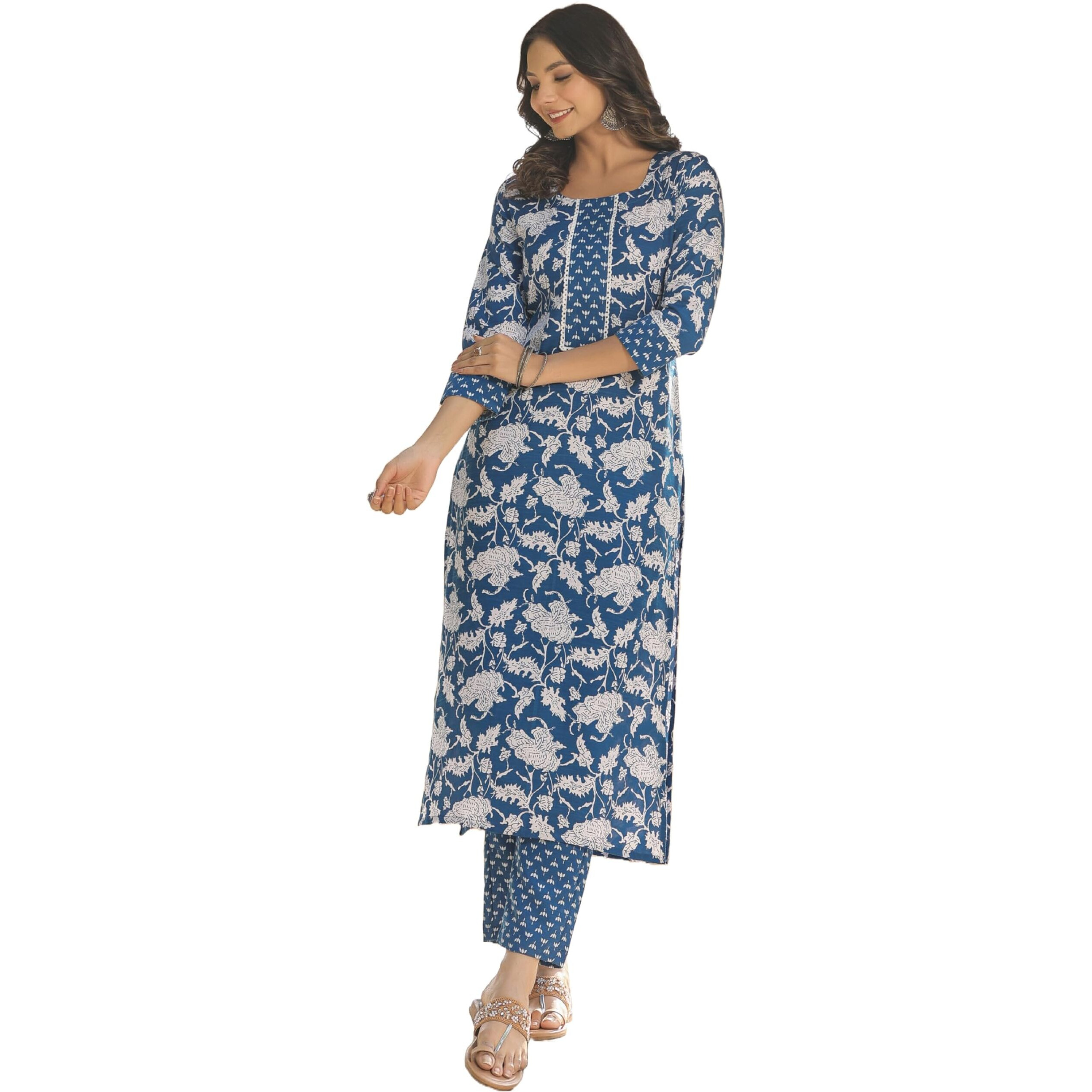 ANNI DESIGNER Women's Cotton Blend Straight Printed Kurta with Pant (Pustak Blue-BFV_XL_Blue_X-Large)