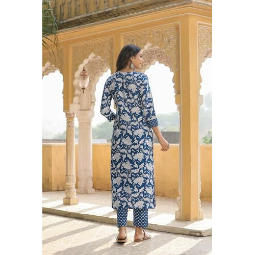 ANNI DESIGNER Women's Cotton Blend Straight Printed Kurta with Pant (Pustak Blue-BFV_XL_Blue_X-Large)